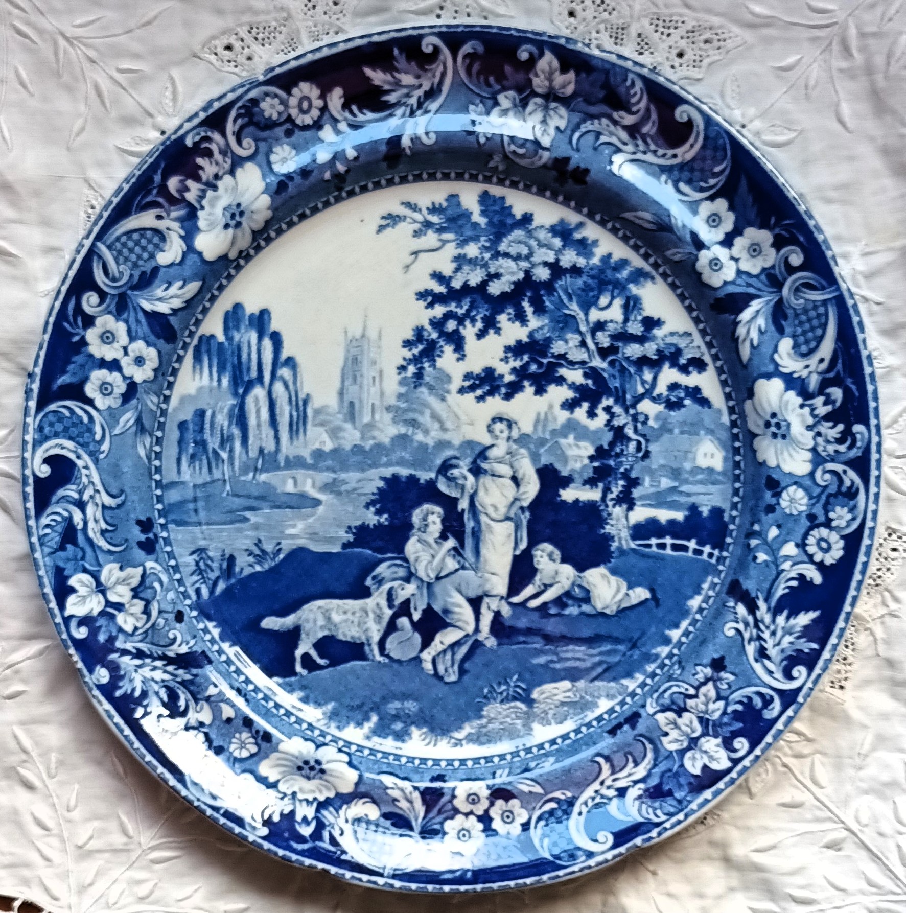 Antique English Georgian Blue & White Transfer Plate ~ “The Villagers” ~John Davenport Antique Ceramics 3